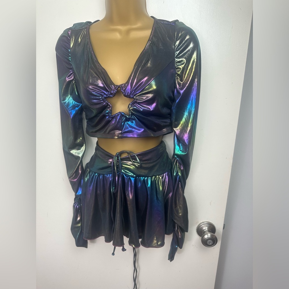CLUB EXX X Dolls Kill Galaxy Gathered Iridescent Star Cropped Top & Skirt‎ NWT S